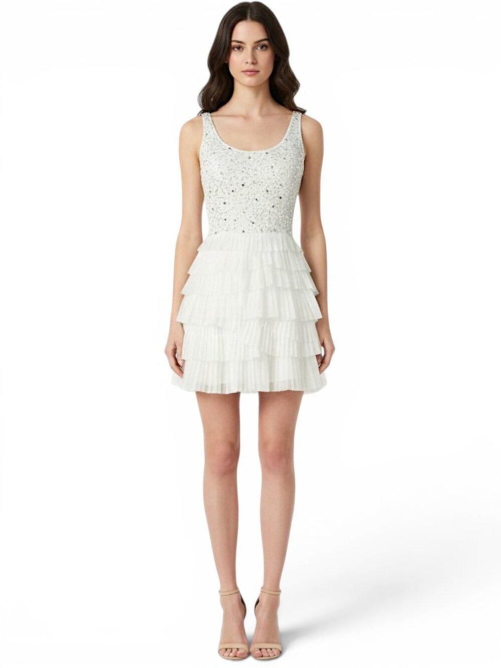 Nina Austin White Silver Sequin Beaded Top with Mesh Tulle Skirt Dress Vintage M